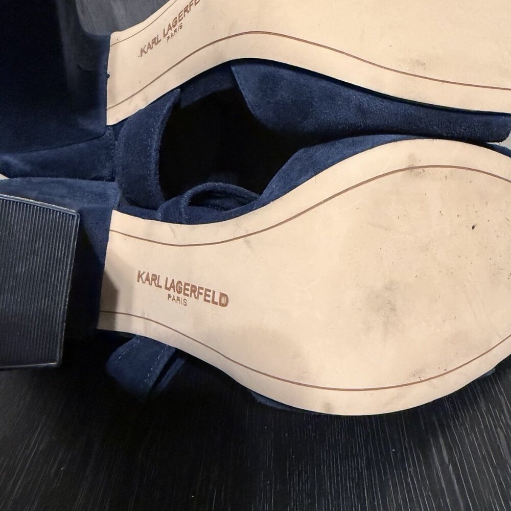 Karl Lagerfeld Paris Navy Blue Suede Ankle Strap Block Heels - Picture 12 of 13